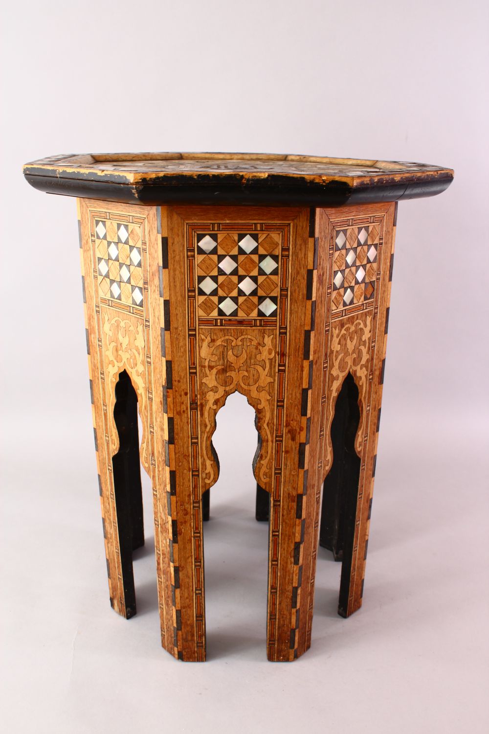 A FINE 19TH CENTURY TURKISH OTTOMAN MOTHER OF PEARL INLAID OCTAGONAL WOODEN TABLE, The top with - Image 5 of 6
