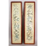 A PAIR OF 19TH CENTURY CHINESE FRAMED EMBROIDERED SILK PANELS, each depicting figures in garden