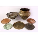 A COLLECTION OF 9 ISLAMIC OR INDIAN METAL BOWLS AND TRAYS, various sizes and decoration.