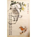 A GOOD 19TH / 20TH CENTURY CHINESE PAINTING OF A CAT AND CRAB BY SUN JUSHENG,