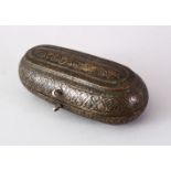 A VERY FINE INDIAN SILVER INLAID COPPER OVAL LIDDED BOX, 15.5cm wide,