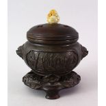 A GOOD CHINESE 19TH / 20TH CENTURY BRONZE, HARDWOOD AND JADE CENSER, the bronze censer with