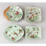 FOUR 19TH CENTURY CHINESE CELADON PORCELAIN DISHES, each dish with celadon ground with decoration