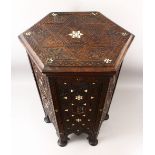 A GOOD 19TH CENTURY MOORISH HARDWOOD OCTAGONAL CALLIGRAPHIC OCCASIONAL TABLE, the hardwood top
