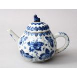 A 19TH CENTURY CHINESE BLUE* WHITE PORCELAIN MOULDED TEA POT & COVER, in the form of a fruit, The