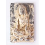 A GOOD CHINESE 19TH CENTURY CARVED POTTERY WALL BRICK, depicting a seated goddess, 25cm x 15cm.