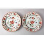 A GOOD PAIR OF 18TH CENTURY CHINESE FAMIlLE ROSE PORCELAIN PLATES, each decorated with native floral