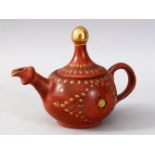 A GOOD TURKISH OTTOMAN CLAY & GILDED TOPHANE TEAPOT & COVER, the body incised and gilded depicting