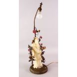 A GOOD 19TH CENTURY CHINESE CARVED WHITE JADE TYPE FIGURE / LAMP OF AN IMMORTAL, stood upon a bronze