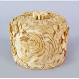 A GOOD JAPANESE MEIJI PERIOD CARVED IVORY TIGER LIDDED BOX, the box carved in relied to depict