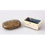 A 19TH CENTURY CHINESE MOTHER OF PEARL BOX & A JAPANESE SHAGREEN & LACQUER LIDDED INK STONE BOX, 7cm