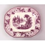 A VICTORIAN PURPLE GLAZED PORCELAIN SERVING DISH WITH ISLAMIC DECORATION, 43CM X 36CM.