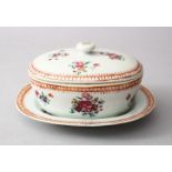 A GOOD 18TH CENTURY QIANLOING CHINESE FAMILLE ROSE PORCELAIN BUTTER DISH & COVER & STAND, the vessel