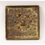 A GOOD 19TH CENTURY OR EARLIER CHINESE BRONZE MIRROR, of square from, with cast bat decoration and