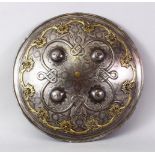 A VERY FINE INDIAN SILVER AND GOLD INLAID STEEL SHIELD, with raised stud decoration and onlaid