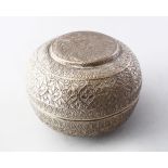 AN INDIAN WHITE METAL PANDAN BOX, engraved with floral design, 12cm.