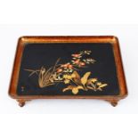 A GOOD JAPANESE MEIJI PERIOD LACQUER TRAY ON FEET, the tray decorated with scenes of native flora,