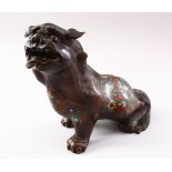 A 19TH CENTURY CHINESE BRONZE & CLOISONNE MODEL OF A LION DOG, the dog in a seatd position bearing