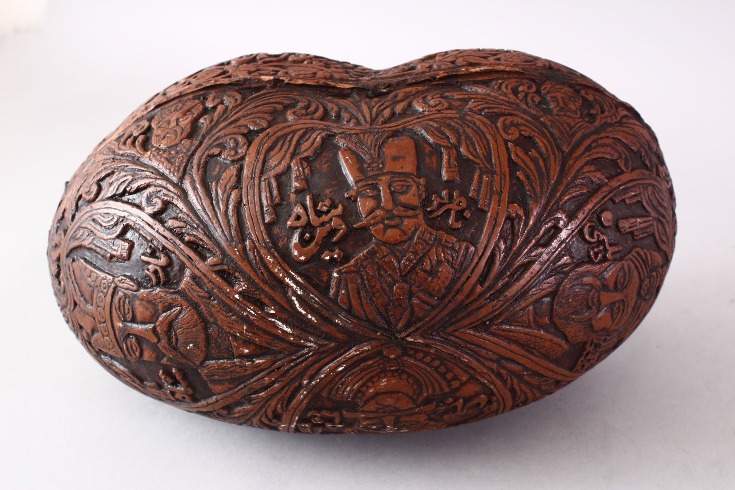 A GOOD 19TH CENTURY ISLAMIC CARVED COCO KASHKOOL WITH CALLIGRAPHY, the body with carved decoration - Image 7 of 10