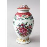 A GOOD 18TH CENTURY CHINESE FAMILLE ROSE PORCELAIN TEA CADDY & COVER, the body with native floral