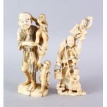 TWO JAPANESE MEIJI PERIOD CARVED ONE PIECE IVORY OKIMONOS, one carved to depict a fisherman and