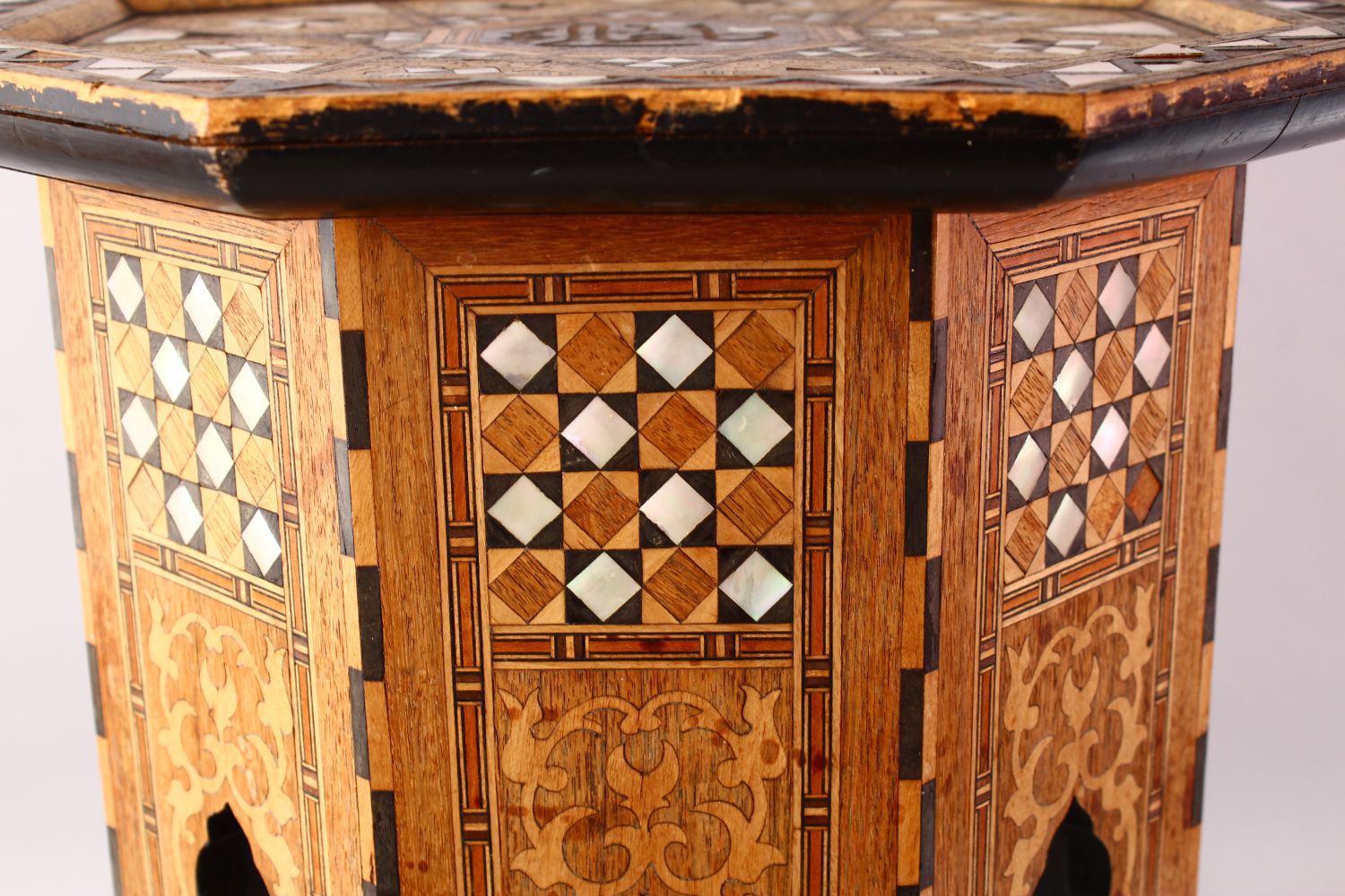 A FINE 19TH CENTURY TURKISH OTTOMAN MOTHER OF PEARL INLAID OCTAGONAL WOODEN TABLE, The top with - Image 6 of 6