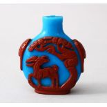 A GOOD 19TH / 20TH CENTURY CHINESE BROWN OVERLAY GLASS SNUFF BOTTLE, the bron overlay upon blue