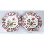 A GOOD PAIR OF 18TH / 19TH CENTURY CHINESE FAMILLE ROSE PORCELAIN PLATES, the decoration of panels