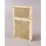 A 19TH CENTURY INDIAN PIERCED IVORY CARD CASE, 10cm x 5.5cm