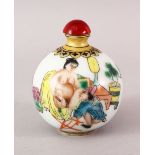 A GOOD 19TH CENTURY CHINESE FAMILLE ROSE ETROTIC PORCELAIN SNUFF BOTTLE, the body of the globular