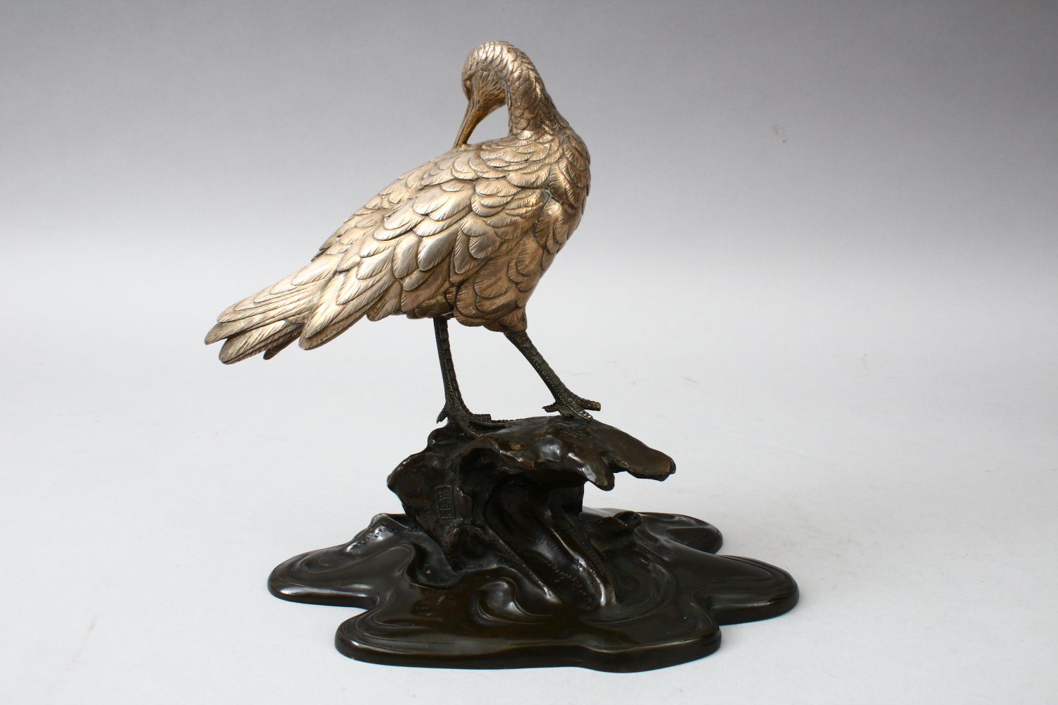A GOOD JAPANESE MEIJI PERIOD SOLID SILVER & BRONZE OKIMONO OF AN EGRET - SIGNED GYOKO, the finely - Image 3 of 10
