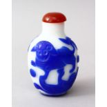 A GOOD 19TH / 20TH CENTURY CHINESE BLUE OVERLAY GLASS SNUFF BOTTLE, the blue overlay upon white