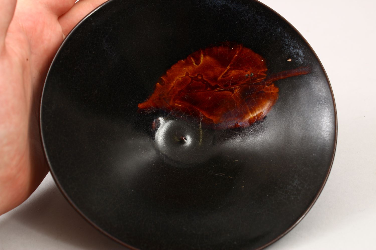 A CHINESE JIAN WARE SONG STYLE PORCELAIN BOWL, decorated with a leaf interior, the base unglazed, - Image 2 of 3