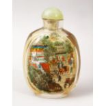 A GOOD 19TH / 20TH CENTURY CHINESE REVERSE PAINTED GLASS SNUFF BOTTLE, depicting scenes of figures