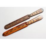 TWO TUNBRIDGE WARE PARQUETRY PAPER KNIVES. 7.5ins long.