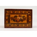 A TUNBRIDGE WARE BOX, with marquetry lid. 3.5ins long.