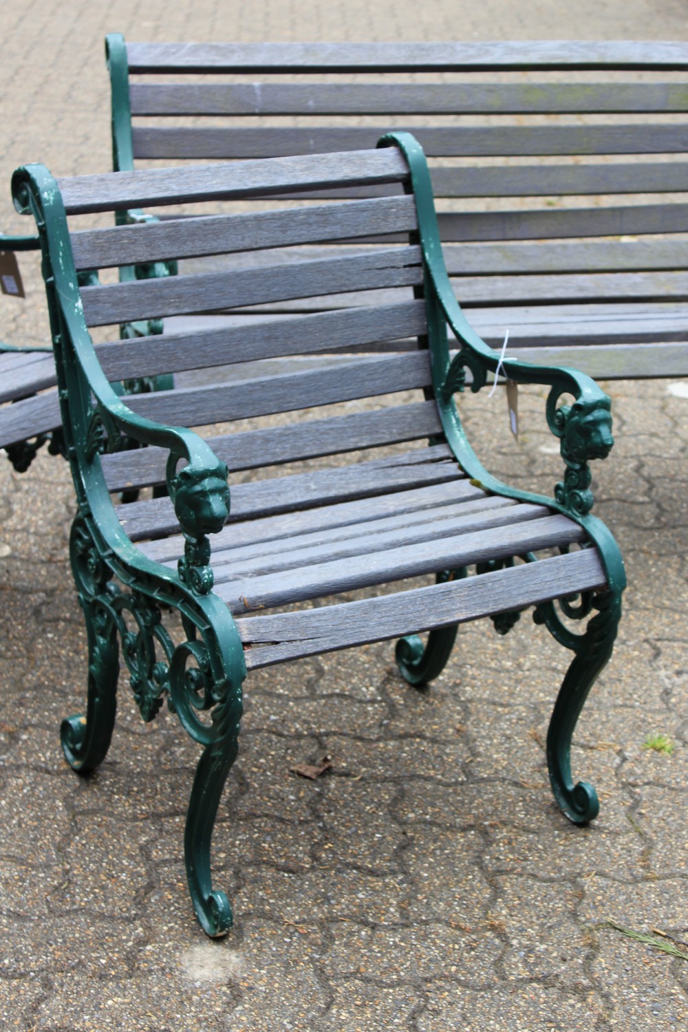 A PAIR OF VICTORIAN STYLE GARDEN BENCHES, each with ornate cast metal ends and wooden slats; - Image 3 of 5