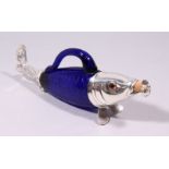 A BRISTOL BLUE GLASS AND PLATE FISH DECANTER. 14ins long.