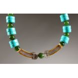 A DIAMOND, TURQUOISE AND JADE BEAD NECKLACE, with 18ct gold clasp.