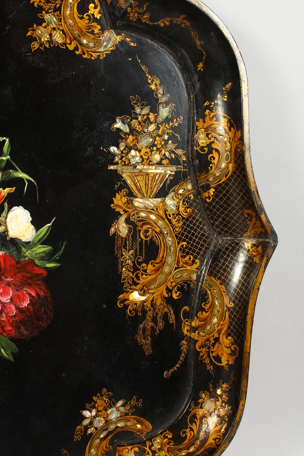 A GOOD LARGE VICTORIAN PAPIER MACHE SHAPED RECTANGULAR TRAY, painted to the centre with a vase of - Image 9 of 11