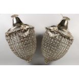 A PAIR OF SILVER PLATED AND CUT GLASS PINEAPPLE SHAPED CEILING LIGHTS. 22ins high.
