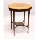 AN EDWARDIAN INLAID MAHOGANY OCTAGONAL CENTRE TABLE. 2ft 0ins wide x 2ft 6ins high.