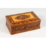 A GOOD TUNBRIDGE WARE MARQUETRY AND PARQUETRY SLIGHTLY DOME TOPPED BOX, inlaid with roses, with a