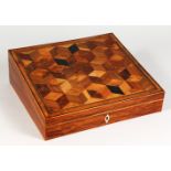 A GOOD TUNBRIDGE WARE PARQUETRY WRITING DESK, with sloping top with parquetry inlay and opening to