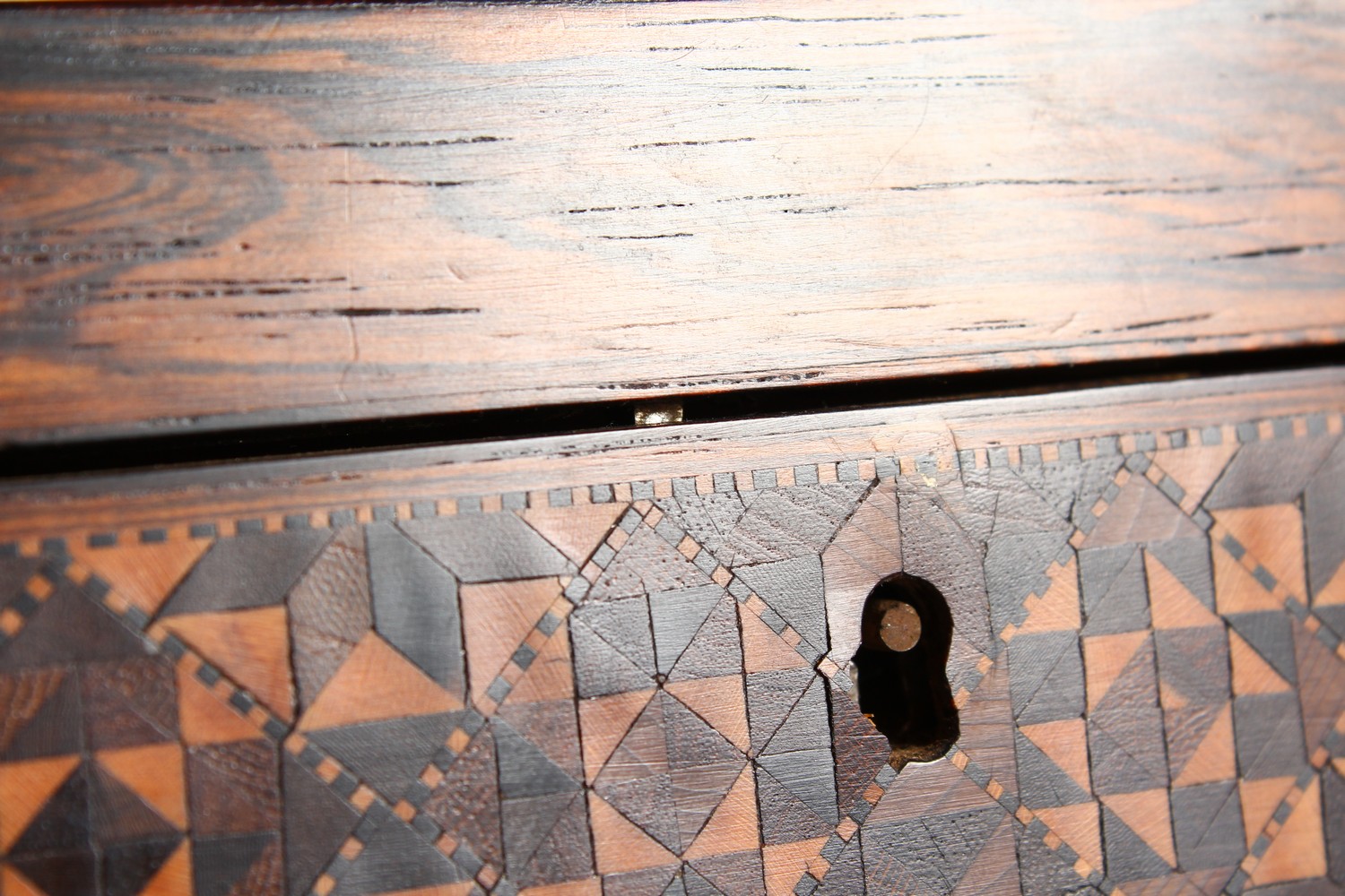 A GOOD TUNBRIDGE WARE LONG BOX, the hinged top inlaid with a bird and parquetry, parquetry to the - Image 11 of 12