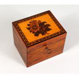 A GOOD TUNBRIDGE WARE MARQUETRY TEA CADDY, the hinged top inlaid with flowers. 5.25ins long x 4ins