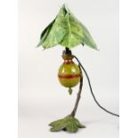 A HIGHLY UNUSUAL COLD PAINTED BRONZE TABLE LAMP, in the form of a conker, with leaf shade and