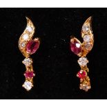 A PAIR OF YELLOW GOLD, RUBY AND DIAMOND DROP EARRINGS.
