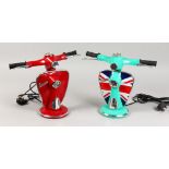 TWO SMALL NOVELTY VESPA SCOOTER LAMPS. 13ins high.