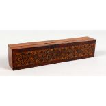 A LONG TUNBRIDGE WARE PARQUETRY BOX. 7.5ins long x 1.5ins deep.